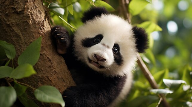  a panda bear is climbing up a tree and looking at the camera.  generative ai