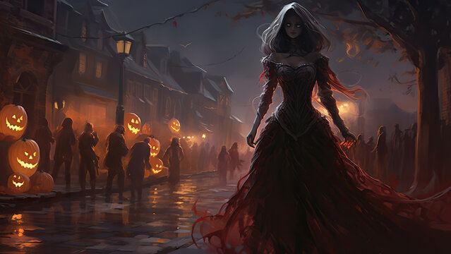 People walking around at night to get spooky halloween pictures, in the style of eve ventrue, classical, historical genre scenes, atey ghailan, comical choreography, fairycore, tiago hoisel.