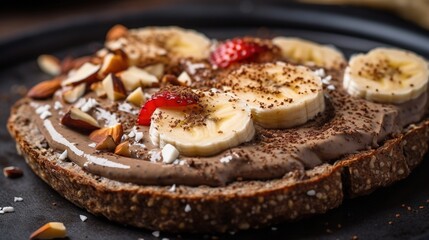  a close up of a plate of food with bananas and nuts.  generative ai