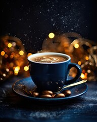Cup of coffee with milk and christmas decorations on dark background. Created with Generative AI tools