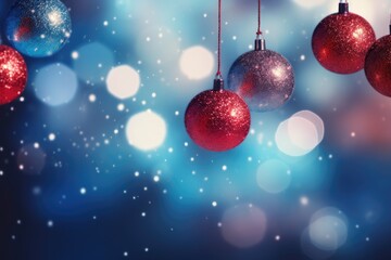 Christmas background with red and blue baubles on bokeh background. Created with Generative AI tools