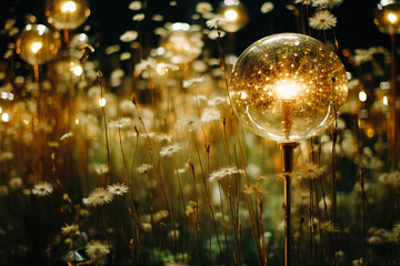 Obraz premium The concept of a bright lamp entirely decorated with many colored lights in meadow.