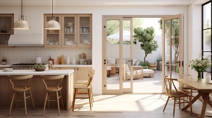  a kitchen with a table and chairs next to a sliding glass door.  generative ai