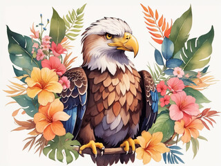 South American Eagle  with tropical leaves and floral flower