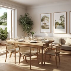 beautiful cosy natural contemporary interior dining room area with bright and clean design element earth tone material color scheme decorating house beauty background