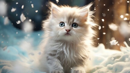 Fototapeta premium a white kitten sitting on top of a pile of snow. generative ai