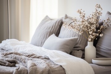 close up  bedroom Interior of a contemporary white soft pillow bedmaid arrange in suites bedroom house interior background