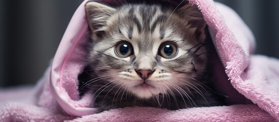Recently bathed gray tabby kitten wrapped in pink towel with charming eyes