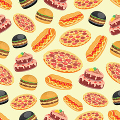Pizza, burger, hot dog, cake will give you pleasure and an unforgettable taste, pizza, burger, hot-dog, cake, cooking, live tasty, food, contour, vector illustration, seamless, pattern 