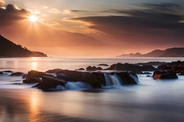 A beautiful short of a sandy beach with hills at the time of sunset - AI Generative