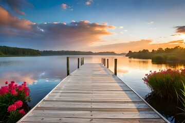 Fototapeta premium a brown wooden dock emerges in front of the calm body of water - AI Generative