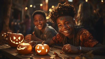Obraz na płótnie Canvas Kids in the middle of spooky pumpkin glowing Halloween Jack-O-Lanterns
