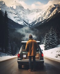 Man overlooking snowy mountains while standing by a car in winter