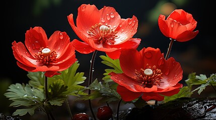  a group of red flowers with green leaves and water droplets.  generative ai
