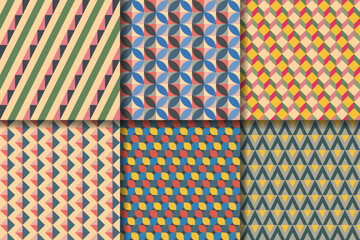 Retro colorful abstract geometric vector seamless patterns set. Colorful funky repeating patterns in 60s style. Perfect for wallpapers, backgrounds, textile, fabric.