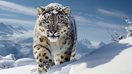 Fototapeta premium a snow leopard walking through the snow with mountains in the background. generative ai