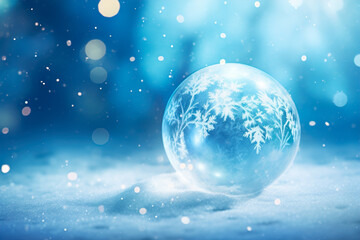 A glass frozen Christmas ball with an ornament of frosty patterns lies on the snow on a blue bokeh background.