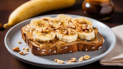  a plate with a peanut butter and banana sandwich on it.  generative ai