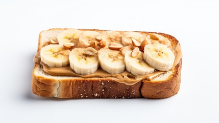  a peanut butter and banana sandwich on a white surface with peanut butter and bananas on top.  generative ai