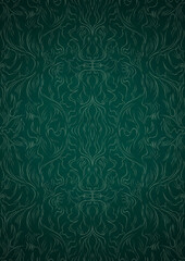 Hand-drawn unique abstract symmetrical seamless ornament. Bright green on a deep cold green with vignette of a darker background color. Paper texture. Digital artwork, A4. (pattern: p11-1d)