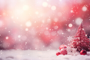 Naklejka na ściany i meble The concept of a decorative Christmas tree and balls on a bokeh background with snowflakes in pink tones.