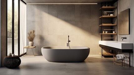  a bathroom with a large bathtub and a large window.  generative ai