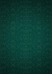 Hand-drawn unique abstract symmetrical seamless ornament. Bright green on a deep cold green with vignette of a darker background color. Paper texture. Digital artwork, A4. (pattern: p11-1e)