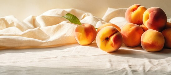 Concept of summer healthy food ripe peaches on neutral linen cloth in sunlight