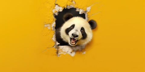 Cute Panda peeking out of a hole in wall, torn hole, empty copy space frame, mockup. Generative AI...