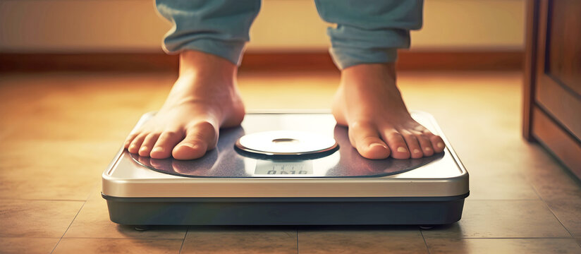 Overweight man and weighing scales. AI generated.
