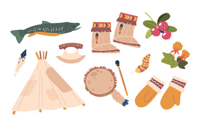 Set Of Inuit Items. Wigwam, Gloves, Mukluks, Ulu, And Tambourine, Fish, Feather And Berries. Traditional Essential Tools © Pavlo Syvak