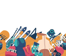 Seamless Pattern with Snowboarder Essentials and Gear. Jacket, Socks, Board, Skis, Action Camera, Helmet And Goggles