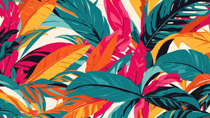 Fototapeta na wymiar Seamless pattern with tropical leaves, Exotic background, illustration, green pink orange hues