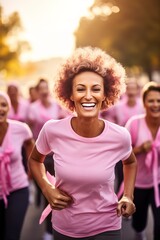 Energetic woman leading a group in pink for a cancer awareness run.