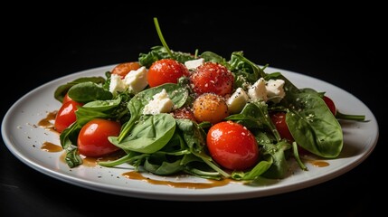  a plate of salad with tomatoes, spinach and cheese.  generative ai