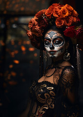 Young Mexican woman dressed for Day of the Dead (Día de los Muertos) celebrations with elaborate makeup including black and white colorful face paint, black eyes and a bouquet of flowers