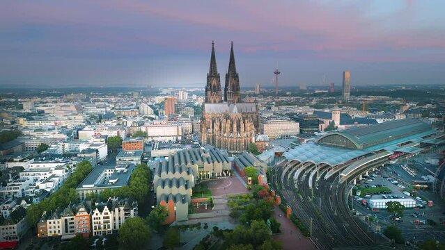Cologne cathedral church drone footage view of cologne skyline germany downtown old town view fly drone footage.