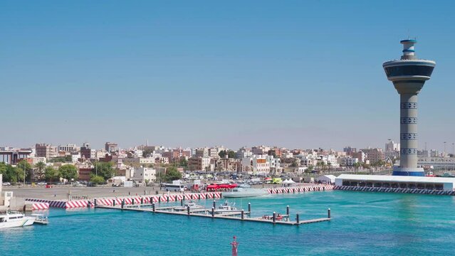 Yanbu, Saudi Arabia - Mar 16 2023, 4k, Aerial view panorama marina and port Lighthouse, Yanbu, Saudi Arabia