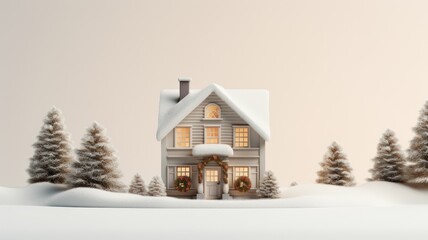 a serene scene with a Christmas decorative house placed next to a delicate fir branch on a clean white wooden background. The spacious left side is perfect for adding your personalized holiday message