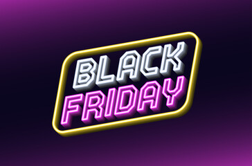 Neon design of Black Friday Sale banner. Outline neon italic text Black Friday with inclined frame. White, purple and yellow. Text template for digital ad and social media banners. Vector illustration