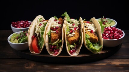  a plate of fish tacos with lettuce and pomegranates.  generative ai