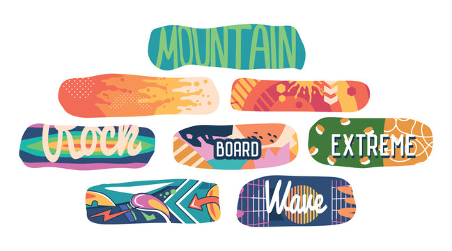 Chic And Sleek Labels for Snowboards Isolated On White Background, Colorful Emblems with Painting and Inscriptions