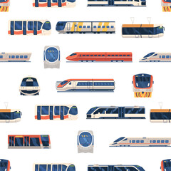 Vibrant Seamless Pattern Featuring Modern Trains And Trams In A Contemporary Repeated Design, Vector Wallpaper, Tile