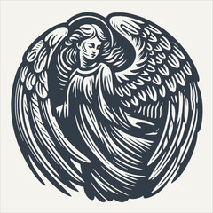 Angel round iconic. Vintage woodcut engraving style vector illustration.	
