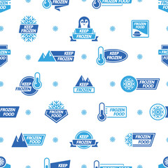 Fototapeta na wymiar Seamless Pattern with Frozen Product Labels, Featuring Keep Frozen Badges Adorned With Snowflakes, Rocks, Thermometers