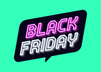 Neon banner of Black Friday Sale. Outline neon italic text Black Friday with inclined bubble frame. Purple white text tag template for social media banners and digital ad. Vector illustration