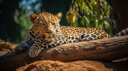 Leopard resting on a wood