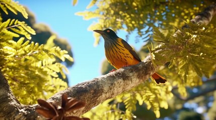 New Zealand fan tail bird in kowhai tree tail fanned.Generative AI