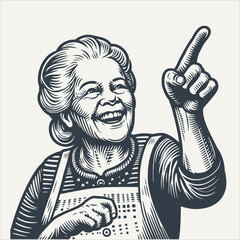 Grandma pointing with finger at direction. Vintage woodcut engraving style vector illustration. - obrazy, fototapety, plakaty