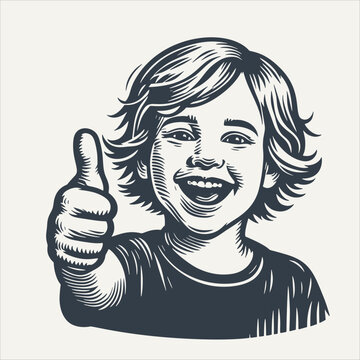 Portrait of excited young child showing thumb up. Vintage woodcut engraving style vector illustration.